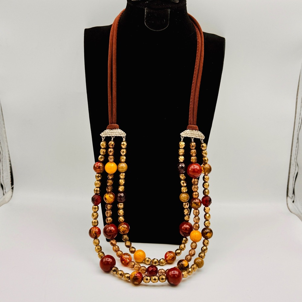 Gerard Yosca Multi Strand‎ Amber Tone Butterscotch Glass Beaded & Suede Necklace